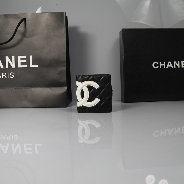 Fake Chanel mini Bi-Fold Wallets A26720 White CC Logo Black Leather Online